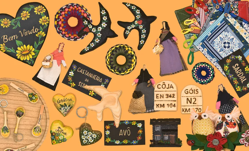 Peças Serrestre — corações e placas pintados à mão, avós serranas, andorinhas, marcos, colheres de pau e rodilhas